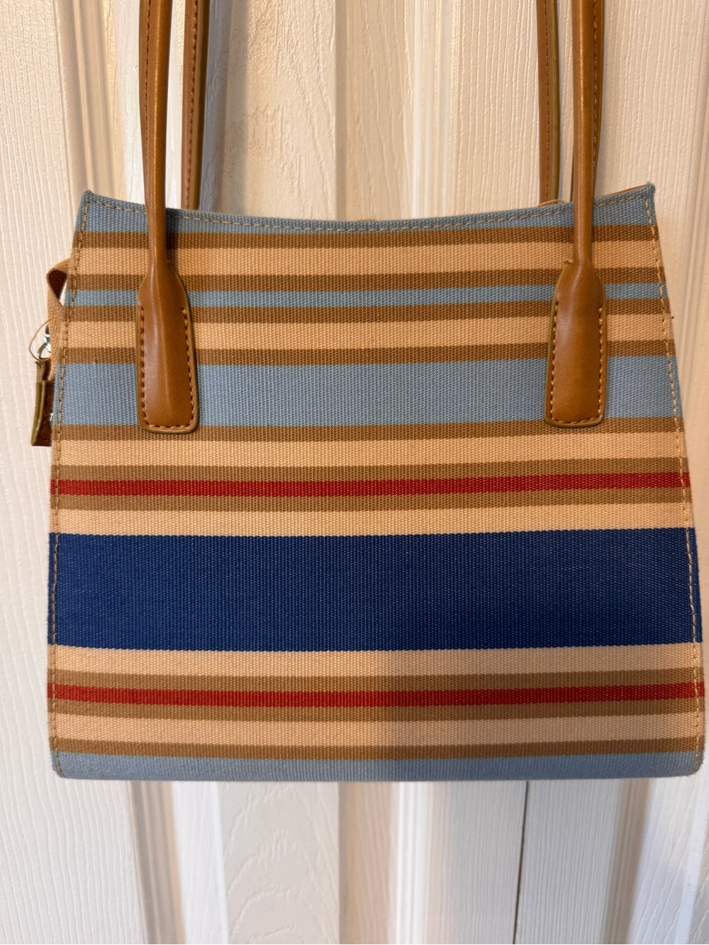 Striped Small Canvas Shoulder Bag Blue Tan Rust Minor Wear Faux Leather Strap - Picture 3 of 16